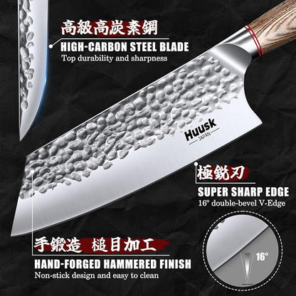 Huusk Kitchen Knife Set of 3 - Japanese Nakiri Vegetable Knife, Meat Cleaver Boning Knife for Meat Cutting, Hand Forged Butcher Chef Knives Set for Kitchen Cooking, Gift Idea for Men Women