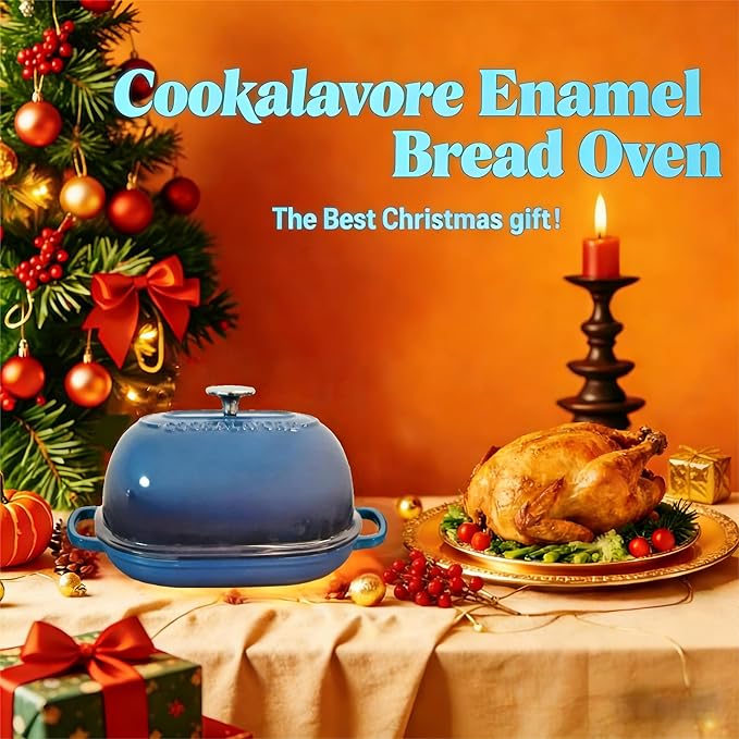 Cast Iron Bread Oven,6 QT Bread Oven,Thick Enameled Loaf Pan with Lid,Bread Pans for Homemade Bread,14.5"Dutch Oven for Bread Baking,Dutch Oven-with Silicone Baking Mat&Recipe,Gifts for Family,Blue