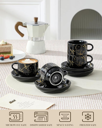 MALACASA 4 OZ Porcelain Espresso Cups with Saucers and Metal Stand Set of 4, Stackable Cappuccino Cups, Marble Black Expresso Shots Cup Set for Coffee Drinks, Latte, Tea