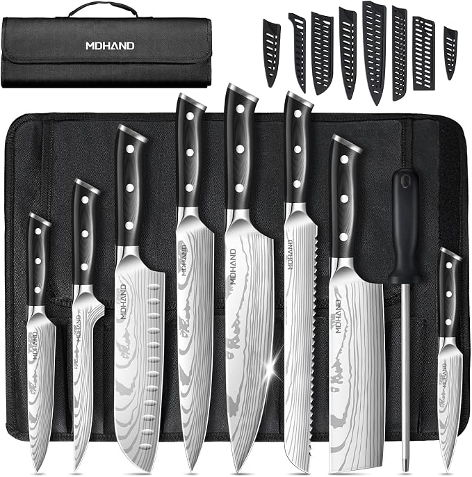 MDHAND Chef Knife Set with Roll Bag, 18PCS High Carbon Stainless Steel Ultra Sharp Professional Chef Knives Sets with Ergonomic Pakkawood Handle for Home Kitchen Cooking, Dishwasher Safe, Chef Gifts