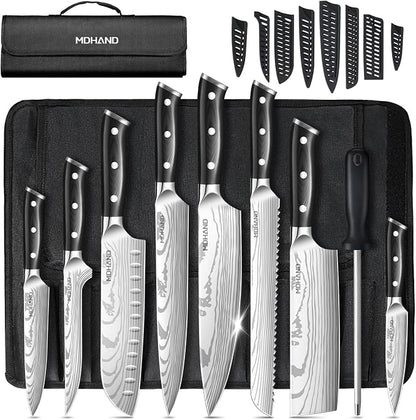 MDHAND Chef Knife Set with Roll Bag, 18PCS High Carbon Stainless Steel Ultra Sharp Professional Chef Knives Sets with Ergonomic Pakkawood Handle for Home Kitchen Cooking, Dishwasher Safe, Chef Gifts