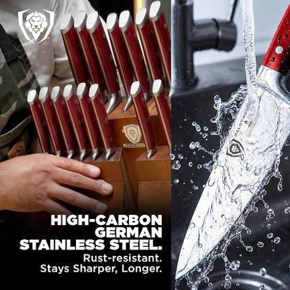 Dalstrong 18-Piece Gladiator Colossal Knife Block Set (Red Handles) — German High-Carbon Steel, Full-Tang, Hand-Sharpened — For Home Chefs, Wedding Registries & Serious Kitchens — Acacia Block, NSF