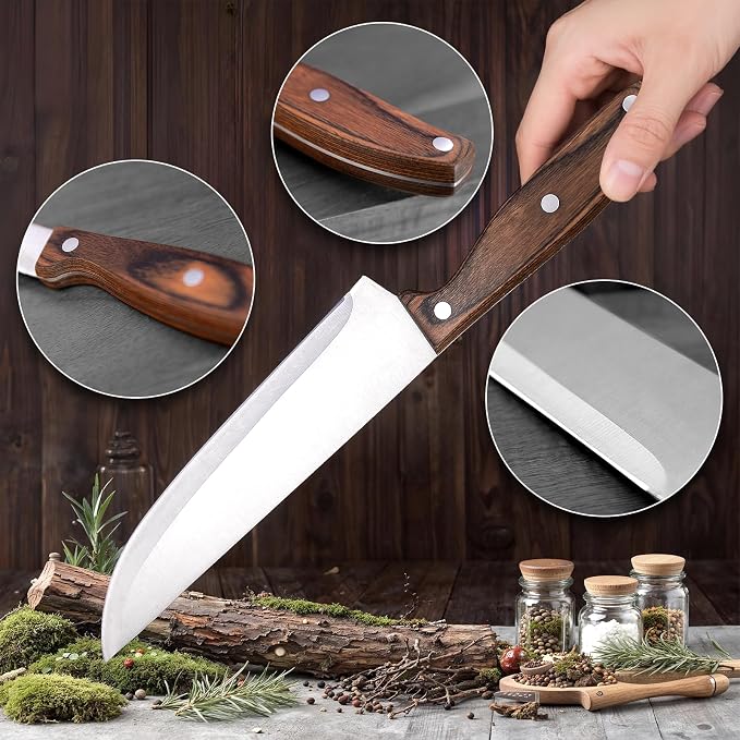 Knife Set 5-Piece with Handcrafted Wood Magnetic Block Holder | Chef,Utility,Bread & Fruit Knives | Stainless Steel with Glossy Finish