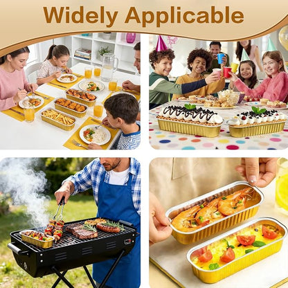 Mini Cake Pans with Lids and Spoons 200 Pack, Mini Loaf Pans with lids 6.8oz, Small Disposable Aluminum Foil Loaf Pans, Rectangular Baking Container for Party, Picnics and Housewarming (Gold)