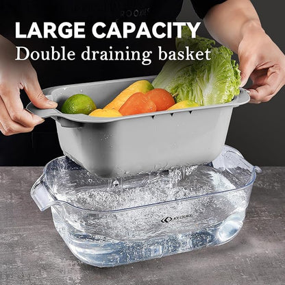 KEOUKE Transparent Multifunctional Mandoline Slicer with Large Strainer - 6 Blades Interchangeable, Handheld Vegetable Cutter with Hand Guard for Kitchen, Onion, Garlic, Safe Food Slicer