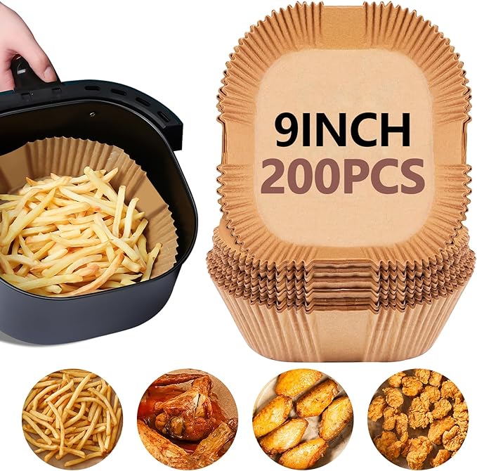UBeesize 200 Pack 9-Inch Air Fryer Parchment Liners, Square Non-Stick Disposable Paper Sheets for Microwave & Air Fryers, Unbleached Baking Sheets (8-Inch Base)