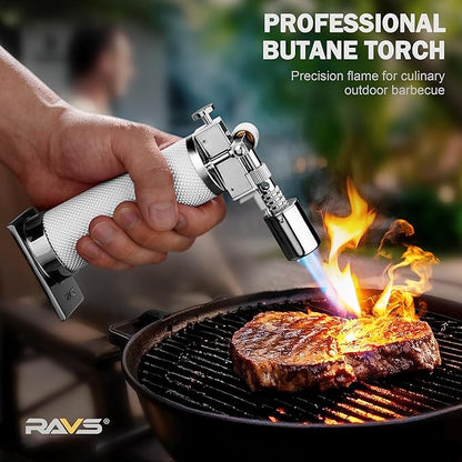 RAVS Butane Torch Lighter Refillable, White Kitchen Torch with Adjustable Flame, Premium Metal Creme Brulee Torch for Baking, Welding, Cooking Torch Butane Not Included