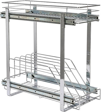 Household Essentials Glidez Multipurpose Chrome-Plated Steel Pull-Out/Slide-Out Dual-Sliding Storage Organizer for Cookware and Bakeware - 2-Tier Design - Fits Standard Size Cabinet or Shelf, Chrome