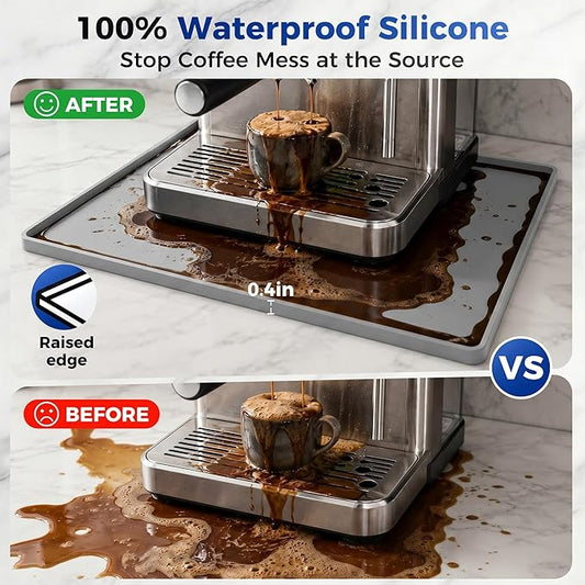Before and after comparison of an espresso machine with a raised edge to prevent coffee spills.