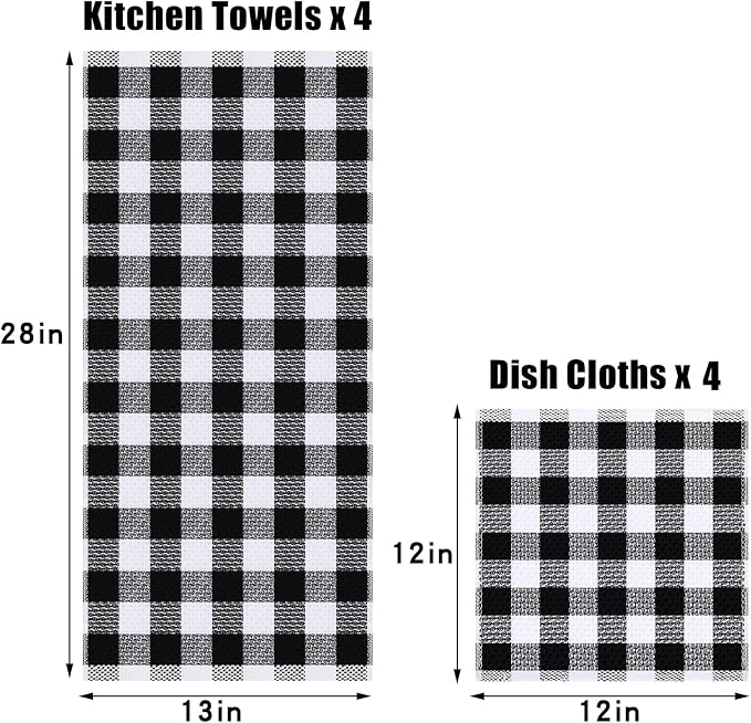Homaxy Kitchen Towels and Dishcloths Set, 12" x 12" and 13" x 28", Set of 8 Bulk Cotton Waffle Weave Dish Towels, Super Soft Absorbent Hand Towels for Kitchen, Black & White