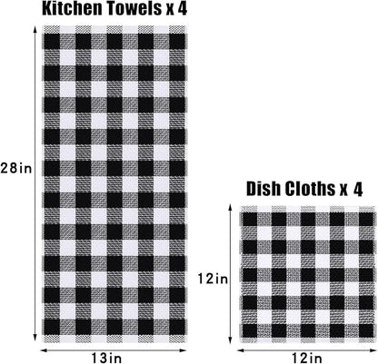 Homaxy Kitchen Towels and Dishcloths Set, 12" x 12" and 13" x 28", Set of 8 Bulk Cotton Waffle Weave Dish Towels, Super Soft Absorbent Hand Towels for Kitchen, Black & White