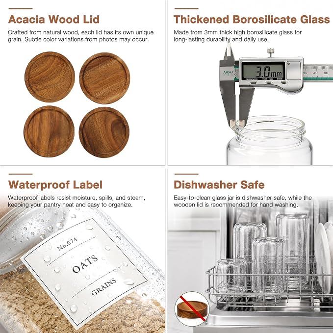 CONNOO 2-Pack 50oz Glass Storage Containers with Wood Lids – 120 Waterproof Labels Included – Tall Airtight Pantry Organizers for Short Pasta, Flour – Modern Kitchen Decor