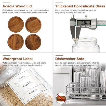 CONNOO 2-Pack 50oz Glass Storage Containers with Wood Lids – 120 Waterproof Labels Included – Tall Airtight Pantry Organizers for Short Pasta, Flour – Modern Kitchen Decor