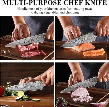 Sunnecko 8 Inch Chef Knife - Ultra Sharp 12-15 Degree Edge Kitchen Knife for Meat Vegetable Cutting Japanese Style, High Carbon Stainless Steel Blade, Pakkawood Handle &Sheath, Cooking Father Day Gift