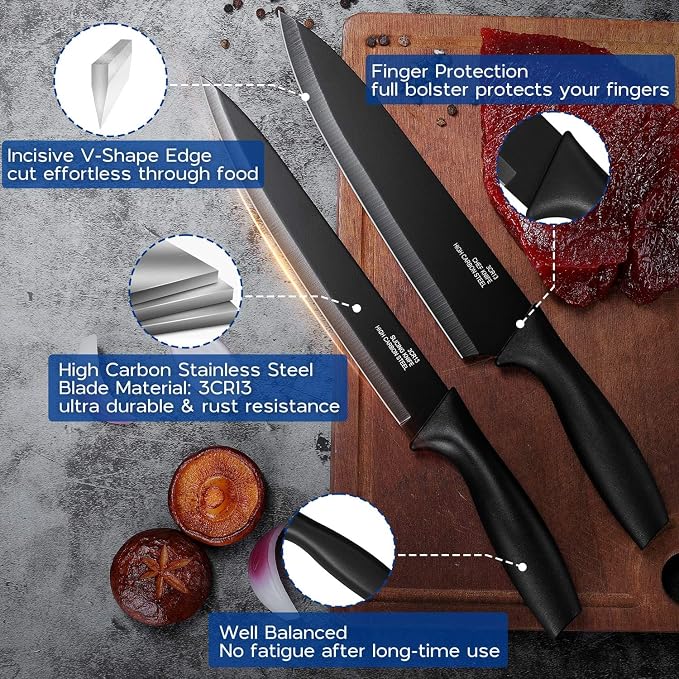 Onader Black Kitchen Knife Set, Stainless Steel Sharp Small Knives Set with Covers for Kitchen, 12 Pieces