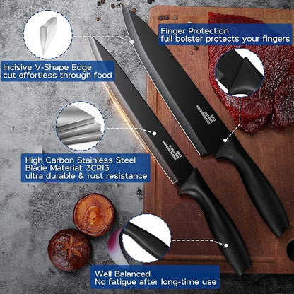 Onader Black Kitchen Knife Set, Stainless Steel Sharp Small Knives Set with Covers for Kitchen, 12 Pieces