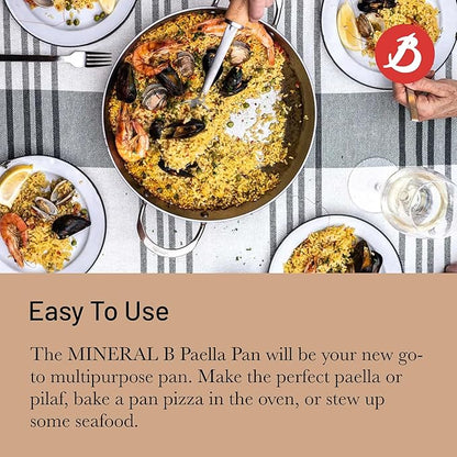 de Buyer MINERAL B Carbon Steel Paella Pan - 12.5” Diameter, 9.25” Cooking Surface - Multipurpose Pan for Stovetop & Oven - Naturally Non-Stick Finish - Made in France
