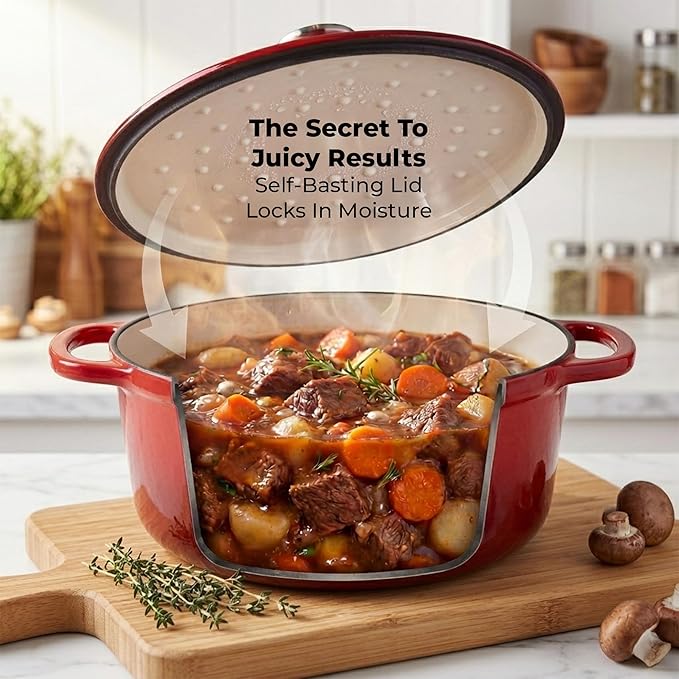 Zulay Kitchen 7.7 Quart Enameled Cast Iron Dutch Oven Pot with Lid – Premium Durability & Oven Safe up to 500°F – Heavy Duty Cookware Perfect for Bread Baking, Stews, Braising & Roasting – Ablaze Red
