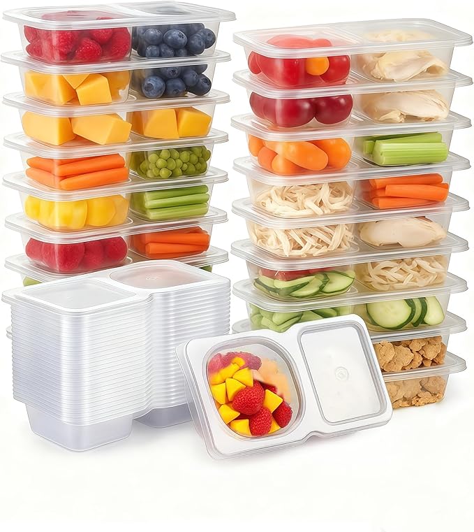 Pure Future 20-Pack Reusable Snack Containers with Lids, 2-Compartment Snackle Box Container for Meal Prep, Portion Control Snack Pack for Office, Travel & Gym, Microwave Safe (40 Pcs)