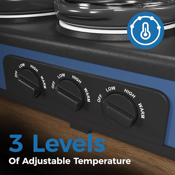 Sunvivi Triple Slow Cooker, Buffet Server & Warmer with 3 Removable Ceramic Pots, 3 Adjustable Temp Settings & 3 Metal Lid Rests, Stainless Steel, 3 * 1.5 Quarts Blue