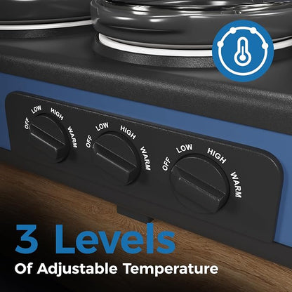 Sunvivi Triple Slow Cooker, Buffet Server & Warmer with 3 Removable Ceramic Pots, 3 Adjustable Temp Settings & 3 Metal Lid Rests, Stainless Steel, 3 * 1.5 Quarts Blue