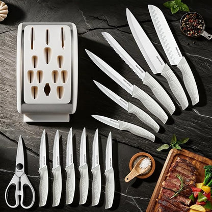 RAXCO 15-Piece Kitchen Knife Set with Block, White | Stainless Steel Blades, Ergonomic Handles. 15-Pc in Modern Block With Built-in Sharpener.
