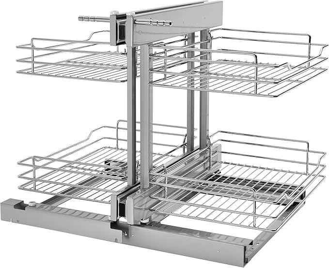 Rev-A-Shelf Chrome Two-Tier Wire Bottom Pullout Organizer for Blind Corner Base Kitchen Cabinets, Adjustable 4-Basket Storage System, Min Opening Width of 18", 5PSP-18-CR