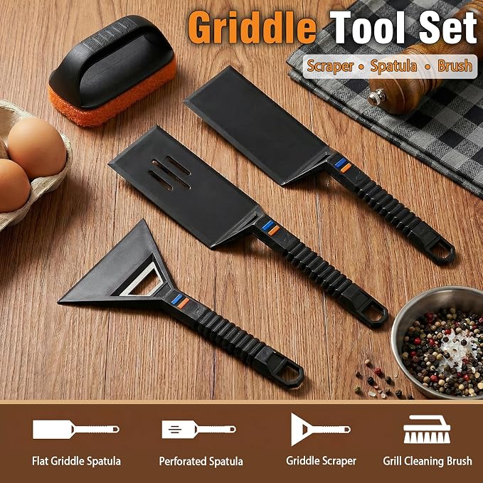 Utheer Griddle Tool Kit 5-Piece, Nonstick Safe Nylon Griddle Accessories with Stainless Steel Core, Nonstick Safe Flat Top Grill Tools Set with Spatulas, Scraper, Cleaning Brush with Replaceable Head