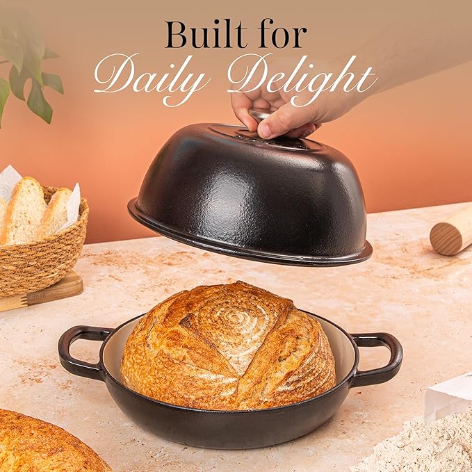 Enamelled Cast Iron Dutch Oven Pot – Dutch Oven For Sourdough Bread Baking – Cast Iron Bread Pot – Black, 6 Quarts, 26cm – by Nuovva