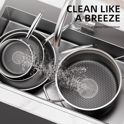 Stainless Steel Nonstick Pots and Pans Set (7 Pcs), PFOA Free, Induction Compatible, Fast & Even Heat, Dishwasher & Oven Safe (500F), 8/10/12" Fry Pans, Saucepan, Stock Pot for Home Cooking