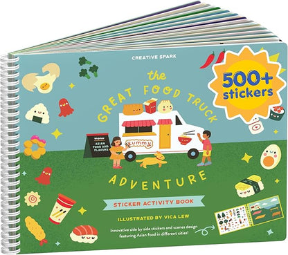Food Truck Adventure 500+ Kids Sticker Book by Cupkin Fun Toddler Travel Activity Coloring and Sticker Book, Road Trip Essentials, 12 Coloring Pages + 12 Scenes for Ages 2–8 Years