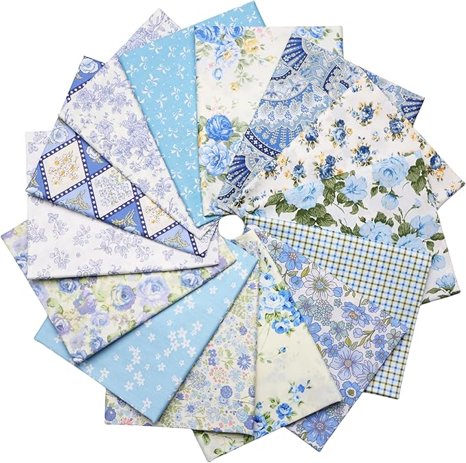 Nodsaw 14 pcs Blue Vintage Floral Printed Cotton Fat Quarters Fabric Bundles Pre-Cut 18" x 22" for Quilting, Sewing, Bags, and Crafts, Upholstery Quilt Fabric Squares for Quilting (Blue)