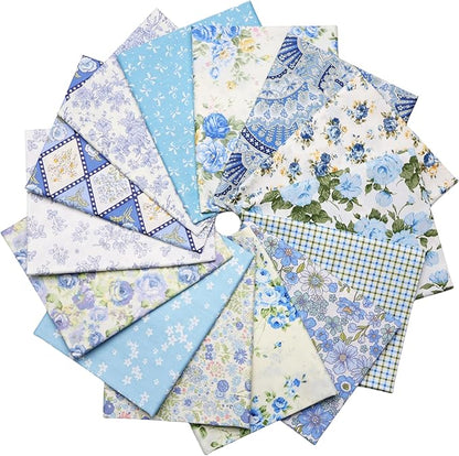 Nodsaw 14 pcs Blue Vintage Floral Printed Cotton Fat Quarters Fabric Bundles Pre-Cut 18" x 22" for Quilting, Sewing, Bags, and Crafts, Upholstery Quilt Fabric Squares for Quilting (Blue)