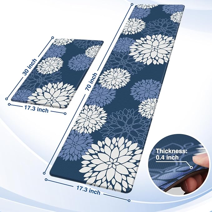 Kitchen Mats, 2PCS Non-Slip Cushioned Rugs, Anti-Fatigue Waterproof Floor Rug, Washable Standing Desk Mat, Home Laundry Office Apartment Decor and Accessories (17.3" ×70" +17.3" ×30"-Blue)