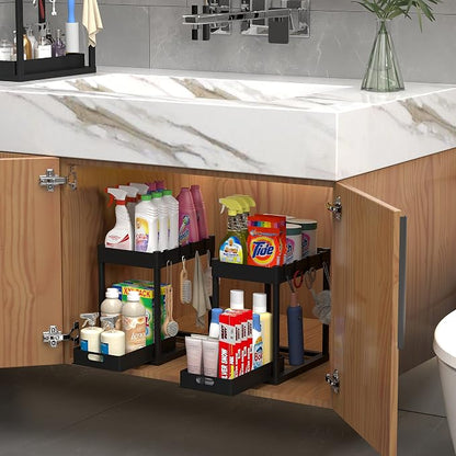 2pcs Under Sink Organizer Kitchen Bathroom Storage Cabinet 2 tier Sliding Drawer Counter Organization Shelf Storage Drawers Rack with Pull Out Basket and Hooks Black