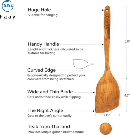 FAAY 13.5" Right-Hand Teak Spatula for Wok - Extra Wide 3.15" Head, Thin Edge Turner for Nonstick Pans, Coconut Oil Finish, Thai Handcrafted Wood