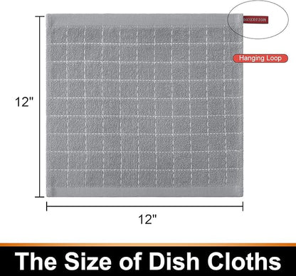 Mordimy 100% Cotton Terrycloth Kitchen Towels and Dishcloths Sets, Soft and Absorbent Checkered Dish Towels, Quick Drying Dish Rags for Washing Dishes, 4 Pack 12" x 12" & 4 Pack 12" x 12", Light Grey