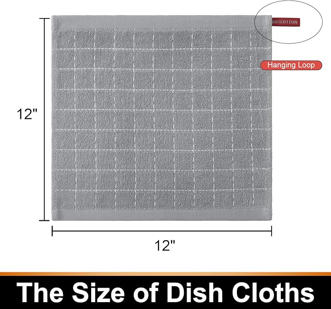 Mordimy 100% Cotton Terry Cloth Dish Cloths, Soft and Absorbent Checkered Dish Towels, Quick Drying Dish Rags for Washing Dishes, 12 Pack, 12 x 12 Inches, Light Grey