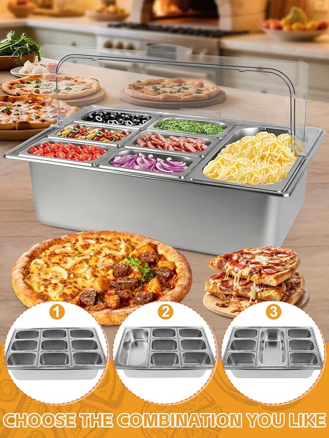 Pizza Topping Station Stainless Steel Spice Organizer Salad Bar Buffet Station with Spoons Ice Boxes Buffet Containers Set for Sauce Jam Ingredient Kitchen Restaurant Pantry
