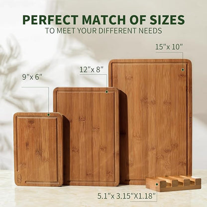 BAMBANG Bamboo Cutting Board, Dark Carbonized Chopping Boards Set of 3 with Stand, Butcher Block with Deep Juice Groove, Non-Toxic Wooden Cutting Boards for Kitchen Meal Prep & Serving