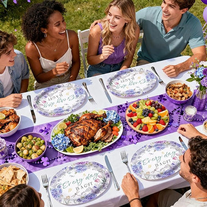 50Pcs Hydrangea Oval Paper Plates 10" x 12" Large Disposable Heavy Duty Purple Floral Dragonfly Paper Platters Every Day Is A Gift Dessert Plates for Wedding Bridal Shower Dinner Party Supplies