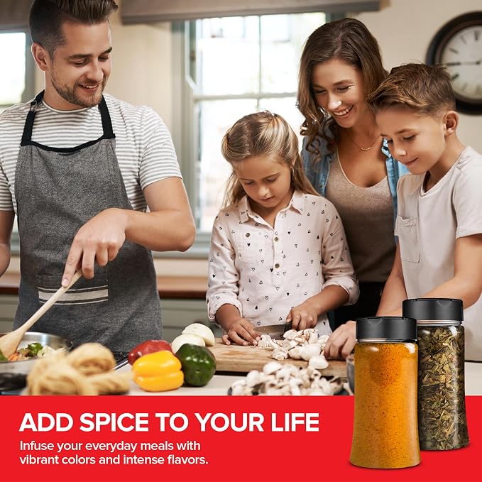 12 Pack 9.5 oz Plastic Spice Jars, Empty Seasoning Containers for Homemade Rub, Spices, Glitter, and More, Small Spice Containers with Black Shaker Lids and Heat-Induction Liner, Clear Spice Jars