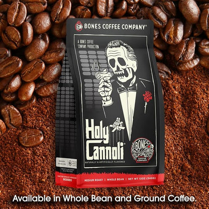 Bones Coffee Company Holy Cannoli, Baked Cannoli Flavored Coffee, Medium Roast Low Acid Arabica Beans Compatible with Auto drip and French Press Coffee Maker, 12 Oz Ground