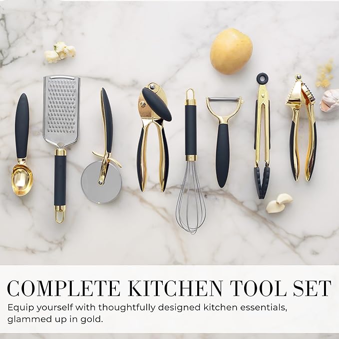 Black and Gold Kitchen Utensils - Luxe 8-Piece Gold Kitchen Tools Set with Can Opener, Pizza Cutter, Peeler, Mini Whisk, and Tongs - Stylish Accessories for Modern Cooking and Ideal for Gifting