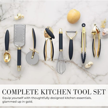 Black and Gold Kitchen Utensils - Luxe 8-Piece Gold Kitchen Tools Set with Can Opener, Pizza Cutter, Peeler, Mini Whisk, and Tongs - Stylish Accessories for Modern Cooking and Ideal for Gifting