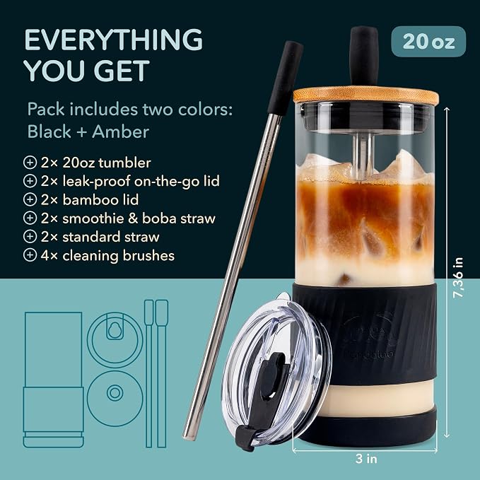Pandaloo® Glass Cups With Lids and Straws -20 Fl Oz- Perfect Size Iced Coffee Cup - Smoothie Cup With Bamboo Lid and On the go Lid - Glass Tumbler (2 Count (Pack of 1), Amber Sand-Black Saphir)