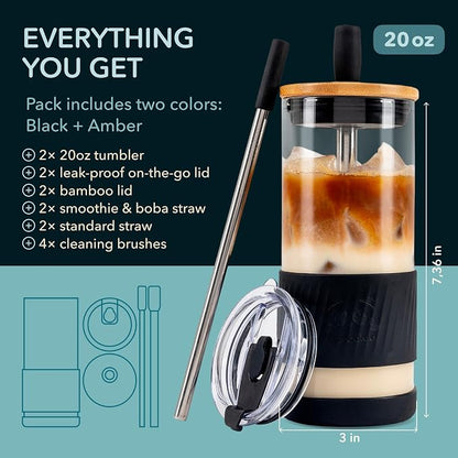 Pandaloo® Glass Cups With Lids and Straws -20 Fl Oz- Perfect Size Iced Coffee Cup - Smoothie Cup With Bamboo Lid and On the go Lid - Glass Tumbler (2 Count (Pack of 1), Amber Sand-Black Saphir)