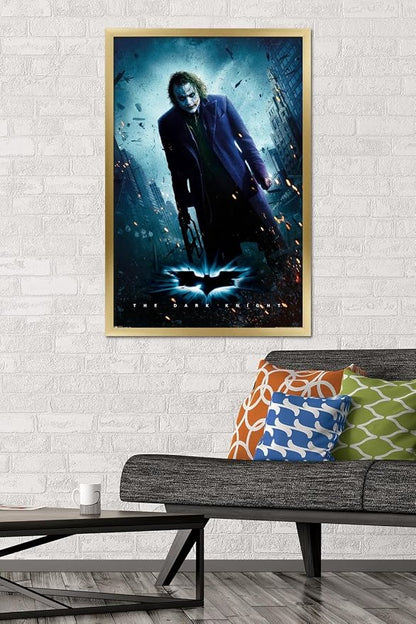 Trends International DC Comics Movie - The Dark Knight - The Joker - One Sheet Wall Poster, 22.375" x 34", Gold Framed Version