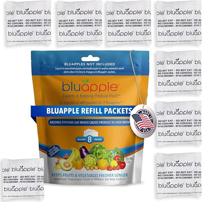 Bluapple Produce Saver Ethylene Gas Absorber - Fresh Fruit & Vegetable Storage, Food Savers for Refrigerator, 8 Packets (9g each), Each Packet Lasts 3 Months, Kitchen Must Haves, USA Made - Refill Kit