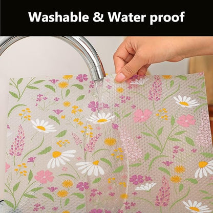 INNOLITES Shelf Liner for Kitchen Cabinets, Non-Adhesive Drawer Liner, Waterproof Washable EVA Floral Pattern, Protect Dresser Cupboard Refrigerator Shelves (Sage Wildflower, 17.5" x 360")